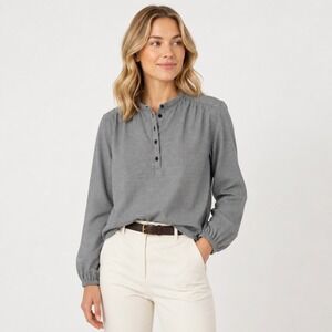 Gap Houndstooth Henley Blouse Women M Tall Black White Cotton Long Sleeve Preppy